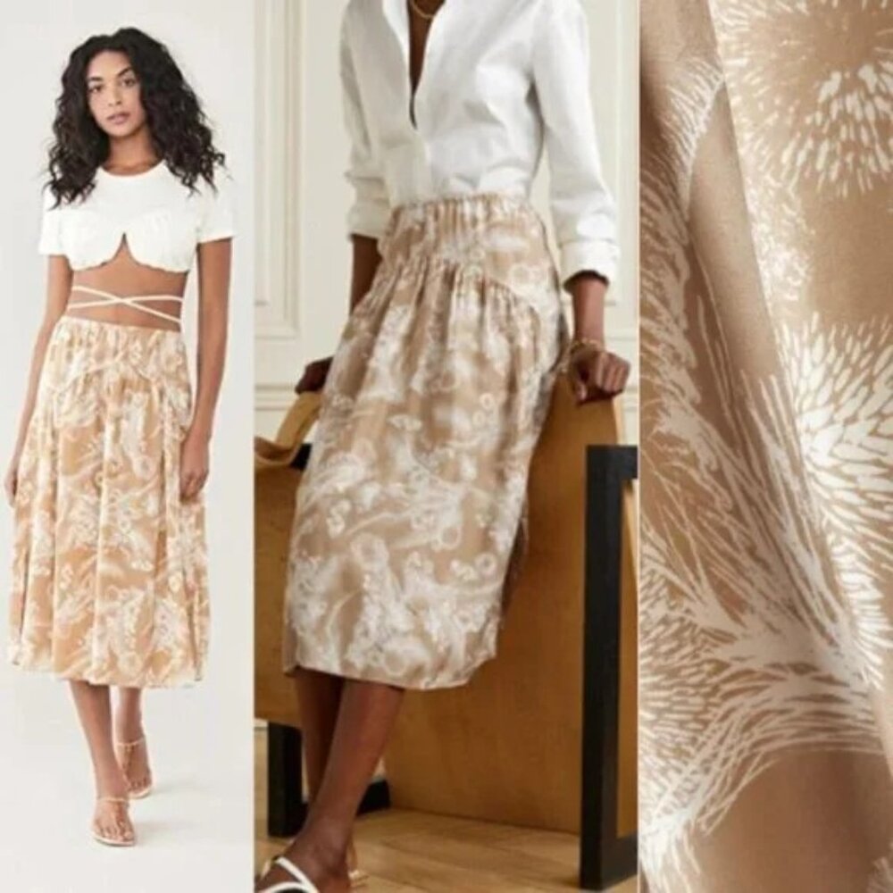 Vince Beige & White Floral-Print Midi Skirt